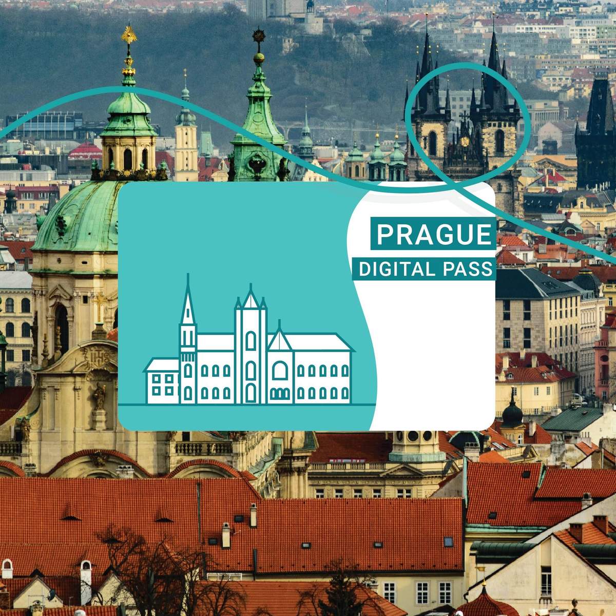 The Prague Pass Illustration of a Prague Digital Pass card overlaying a panoramic view of Prague's historic buildings and rooftops.