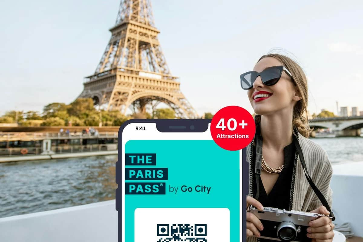 Paris Pass: 1 to 6-Day Pass with 40+ Attractions A woman in sunglasses holding a camera smiles with the Eiffel Tower in the background, alongside a Paris Pass advertisement.