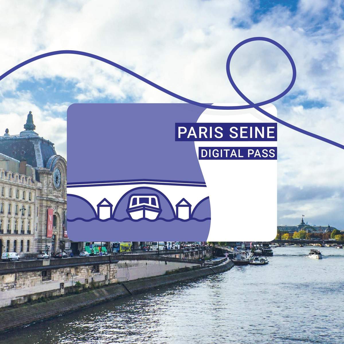 Pass Paris-Seine Une carte d'abonnement numérique pour "Paris Seine" superposée à une vue panoramique de la Seine avec des bâtiments historiques et des bateaux.