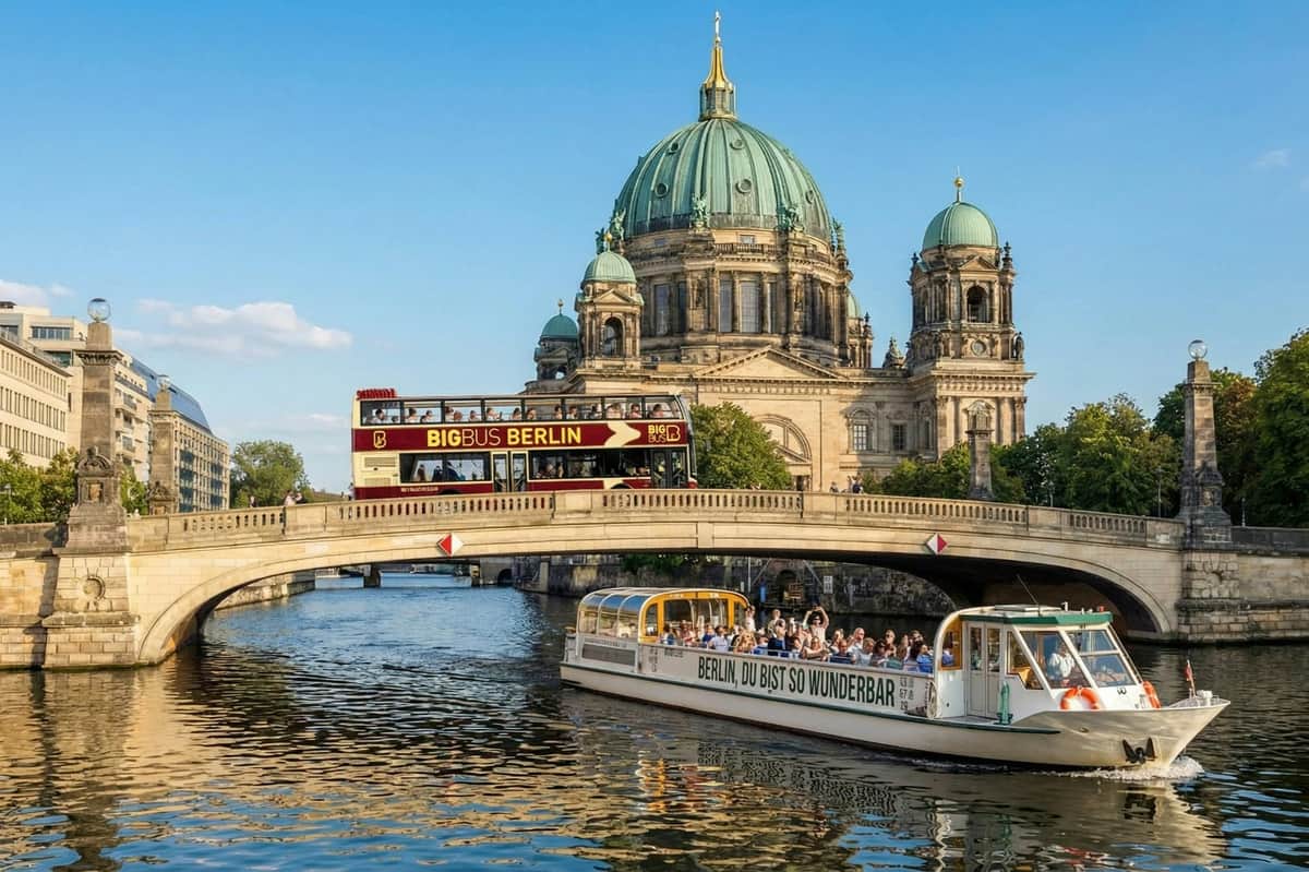 Big Bus Berlin: 24-Hr Hop-on Hop-off Bus + River Cruise A sightseeing bus crosses a bridge near a riverboat, with the Berlin Cathedral in the background under a clear sky.