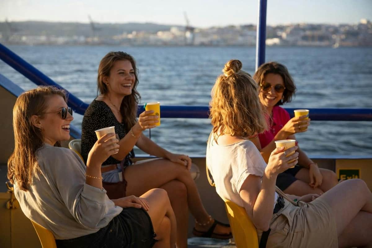 Lisbon: 1.5-Hour River Cruise at Sunset by Lisboat Three people sitting on a boat, holding drinks and enjoying a sunny day with water and a cityscape in the background.