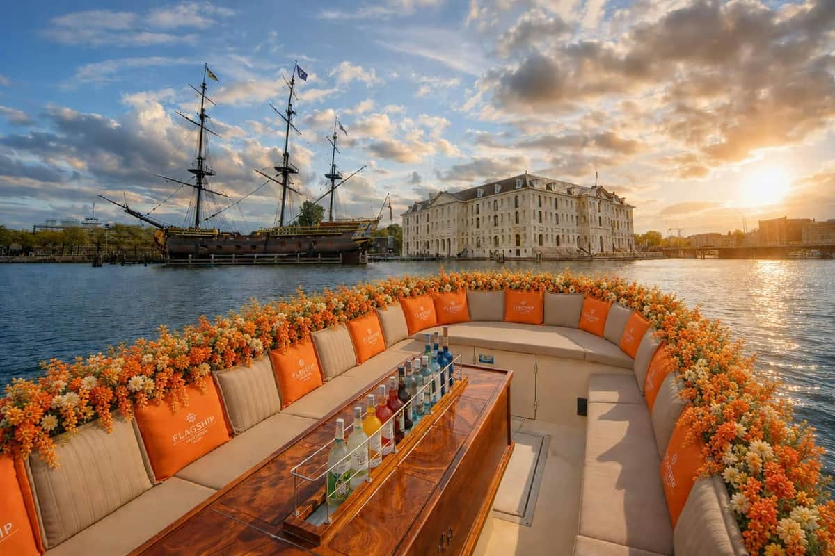 Luxury Cruise with Onboard Bar A boat with orange cushions and flowers, a table with drinks, a historic ship, and a large building by the water.