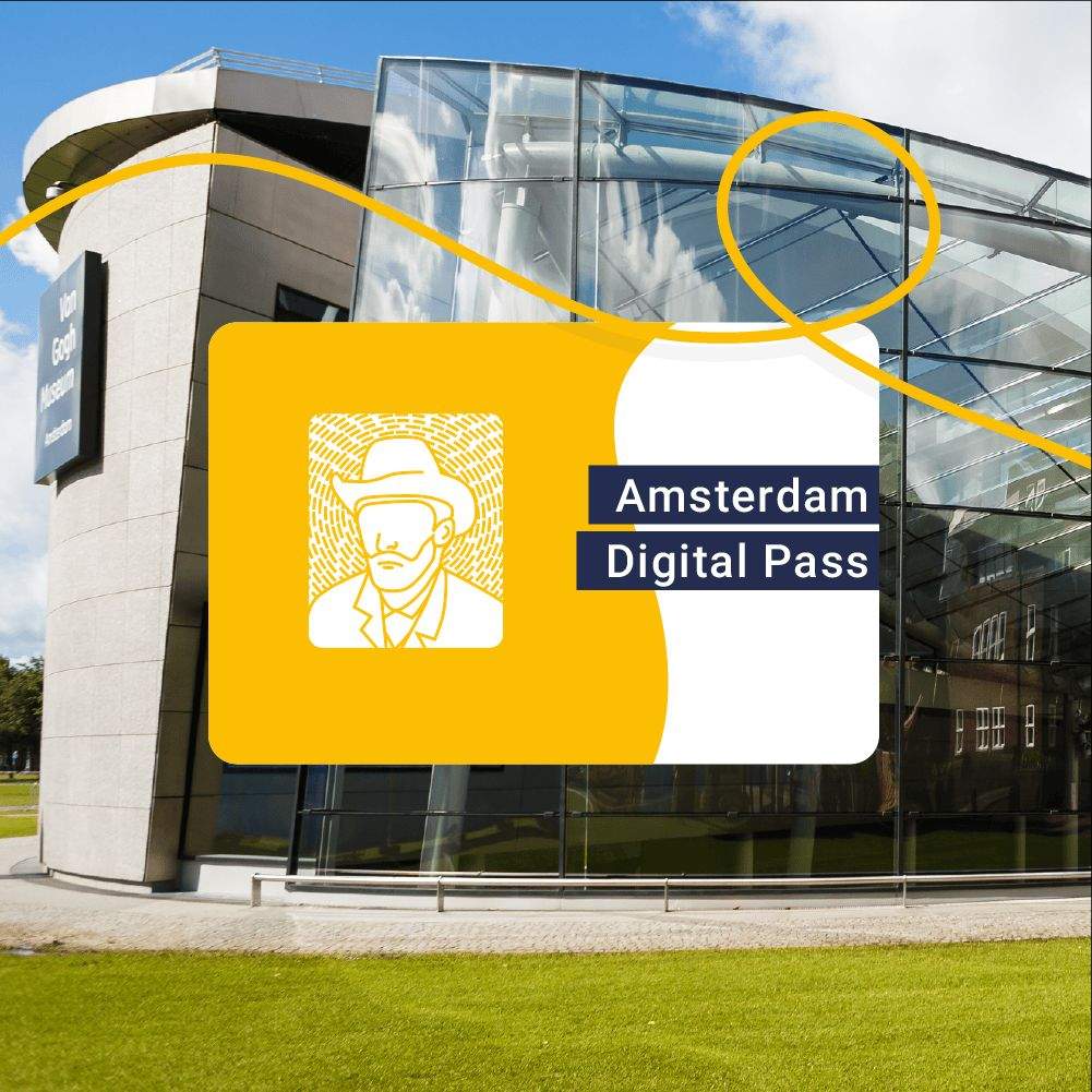 The Amsterdam Pass Modern building exterior with glass facade. Overlayed graphic with a silhouette of a man in a hat and text: "Amsterdam Digital Pass."