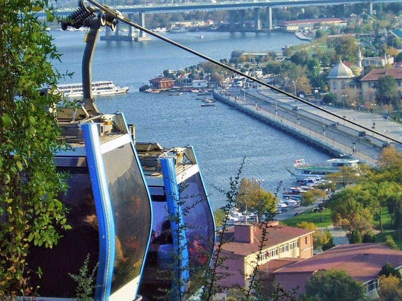 Istanbul: Bosphorus Sightseeing Cruise, Bus Tour + Cable Car Aerial cable cars travel over a scenic river with boats, a bridge, and buildings visible in the background.