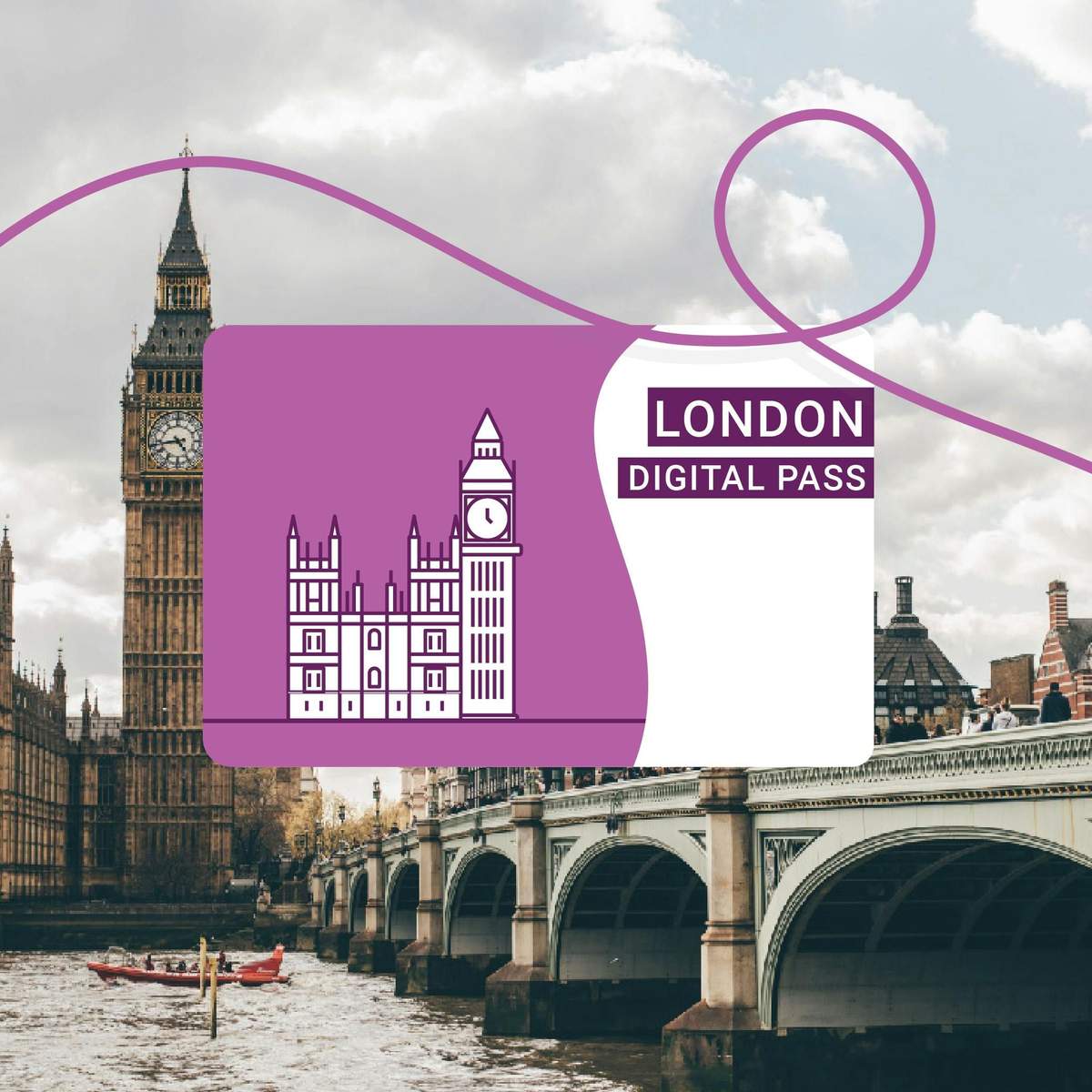 Londres City Card Illustration de Big Ben et des Chambres du Parlement sur une carte London Digital Pass, superposée à une photo des mêmes points de repère avec un pont et une rivière au premier plan.