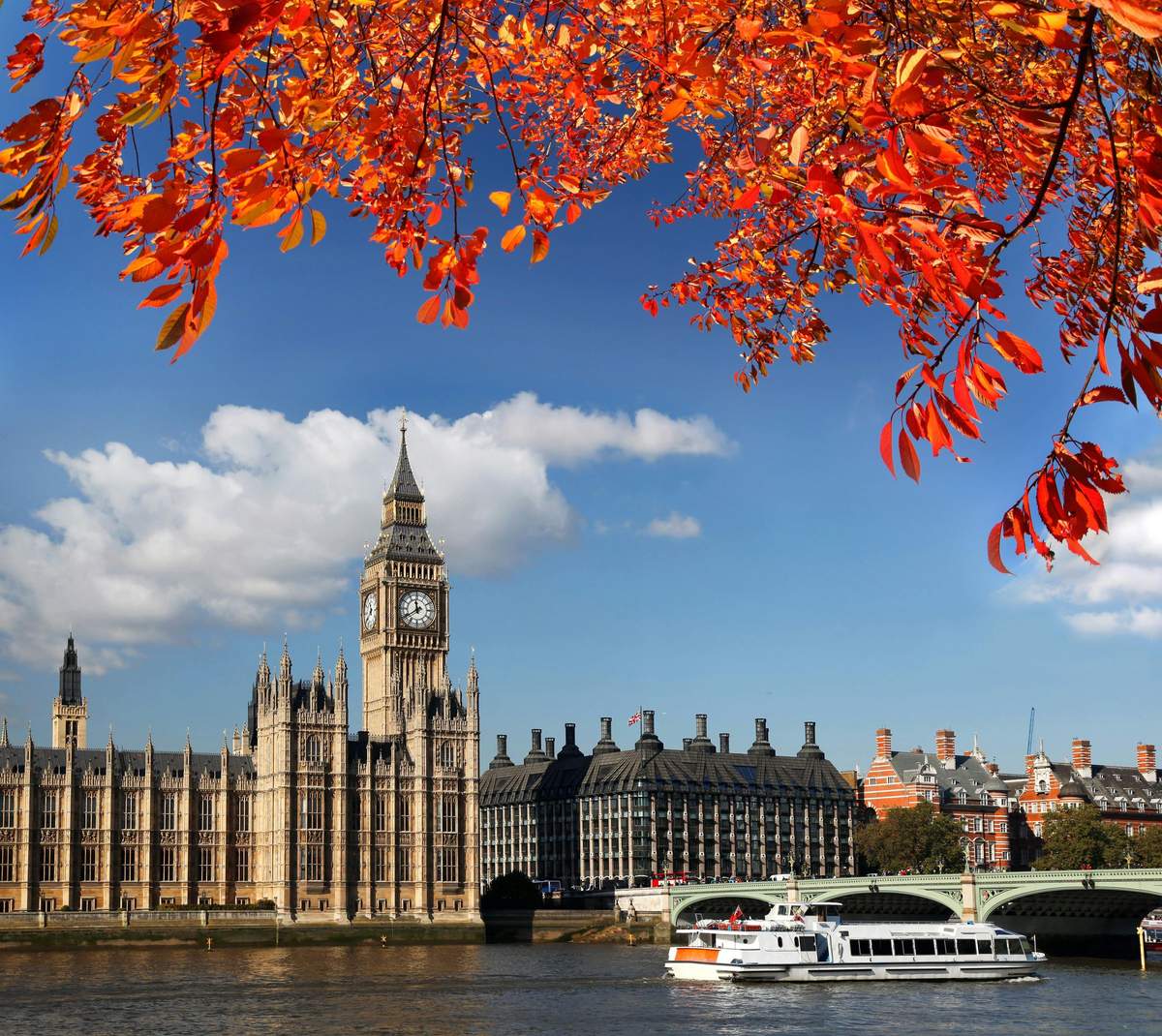 Thames Cruise: Westminster to Greenwich Big Ben and the Houses of Parliament by the Thames River, framed by vibrant orange autumn leaves, with a boat in the foreground.