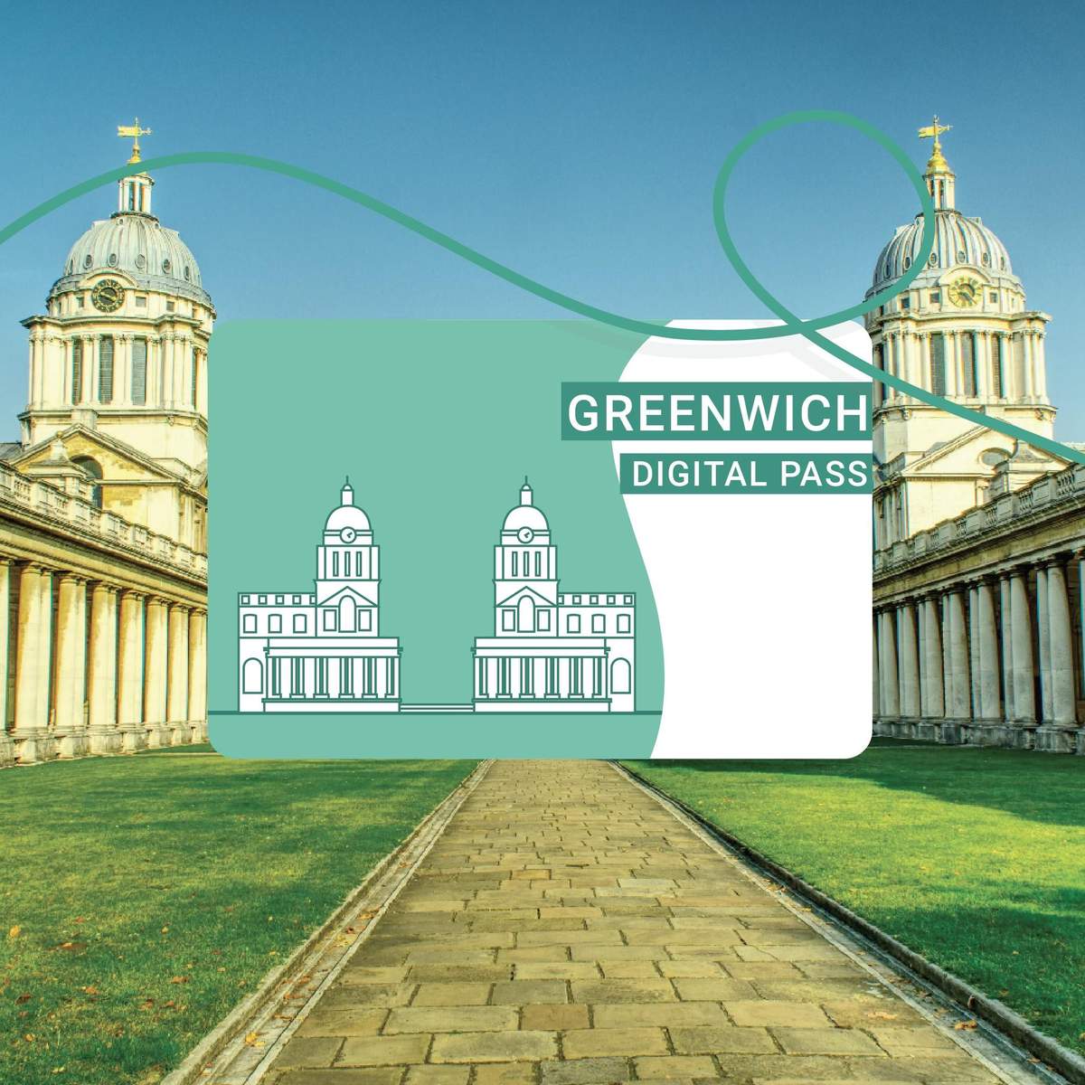 The Greenwich Bundle A digital pass card for Greenwich with a drawing of the Old Royal Naval College overlay on its central courtyard.