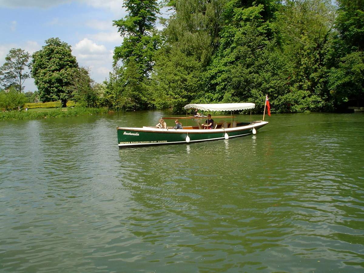 Croisière "Oxford Experience" (45 minutes) Un petit bateau avec un auvent sur une rivière, entouré d'arbres verdoyants par une journée ensoleillée. Des personnes sont assises et se détendent sur le bateau.
