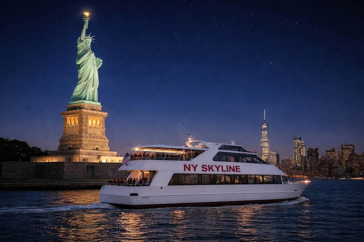 New York: Evening Sightseeing Cruise A boat labeled 'NY SKYLINE' cruises near the Statue of Liberty at night, with a city skyline and a starry sky in the background.